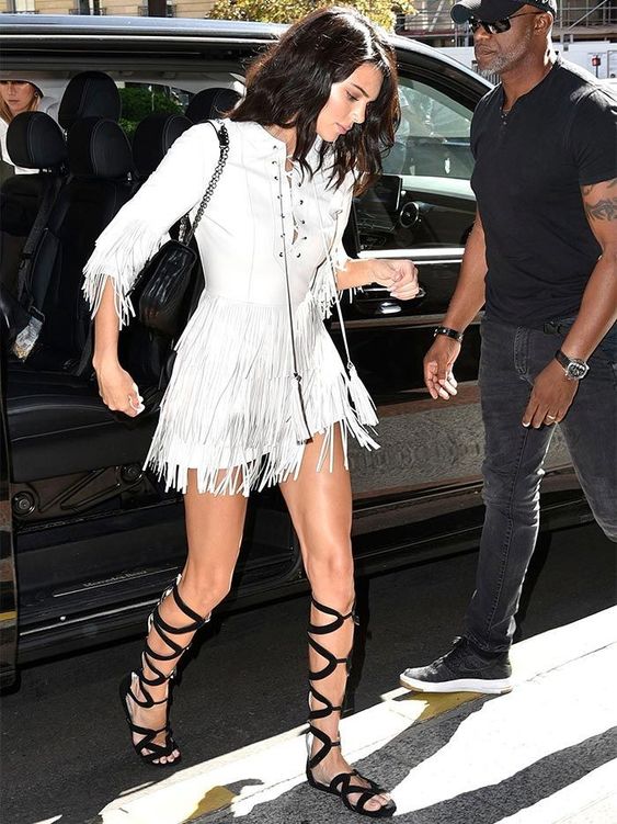 White Fringe Mini Dress with Gladiator Sandals